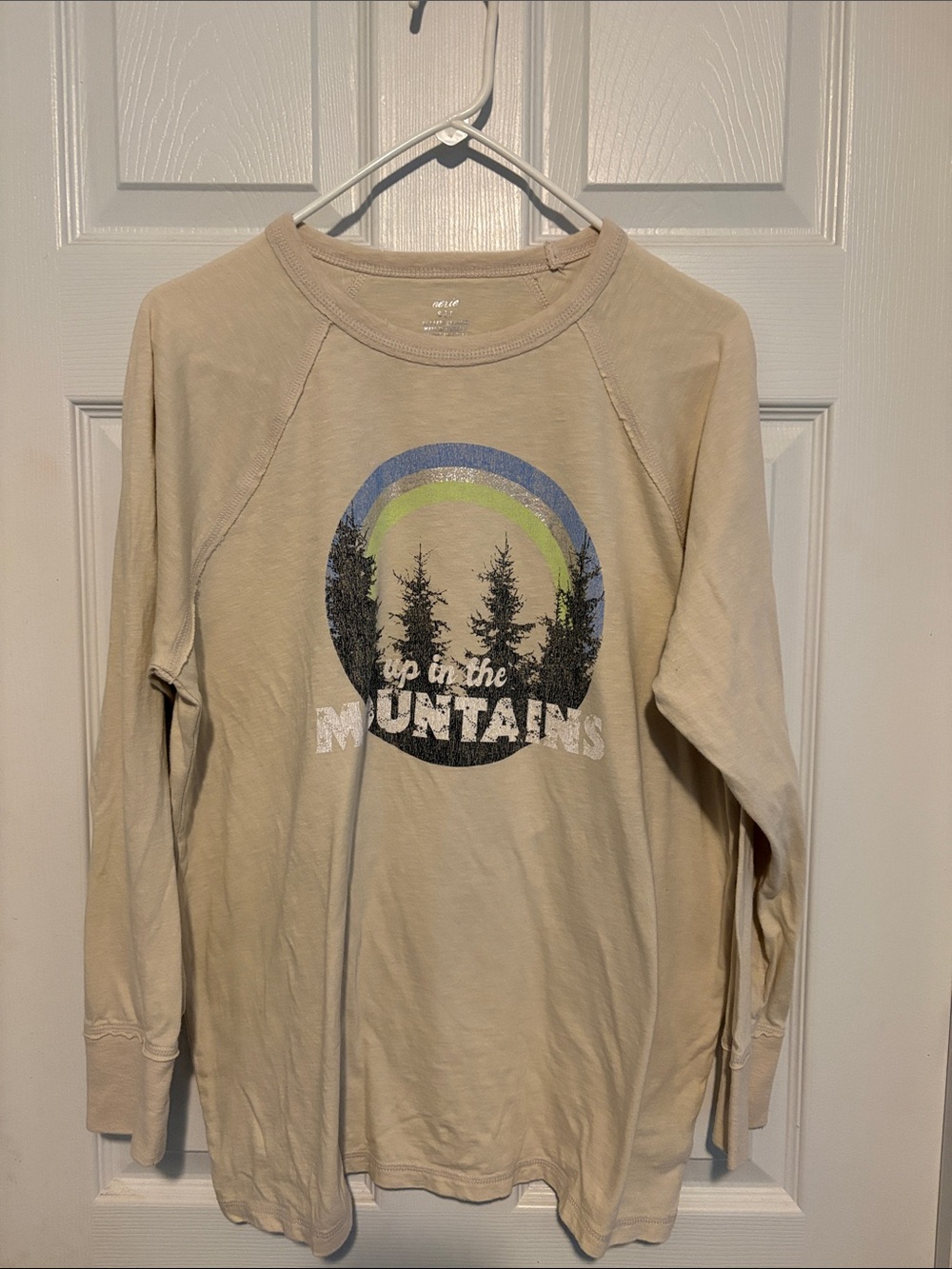 aerie Crewneck long sleeve Tshirt with Mountain Graphic and Blue-Green Accent